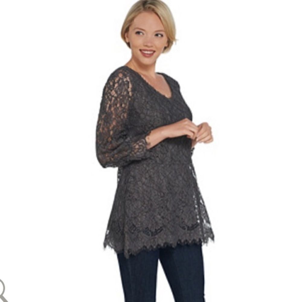 Isaac Mizrahi Live! Shadow Gray Lace Peplum Top